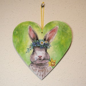 Lepre primaverile 20 cm placca cuore in legno, decorazione primaverile, decorazione murale pasquale, biglietto di auguri pasqua, buona Pasqua