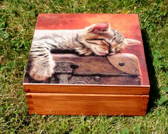 boîte en bois pour chat, coffre pour chaton doux, boîte à bijoux avec motif chat, décoration de maison, boîte à souvenirs, coffre en bois, cadeau pour amoureux des chats