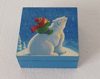 small wooden box with boy and bear, milk tooth box, small winter box, fairytale box, Christmas gift