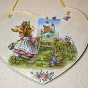 coniglietto pasquale che dipinge le uova, targa in legno a forma di cuore da 18 cm, decorazione da parete pasquale, biglietto di auguri pasquale, buona Pasqua, caccia alle uova di Pasqua, regalo di Pasqua