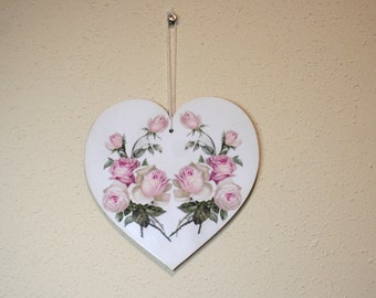 Plaque coeur en bois roses romantiques 20 cm, décoration murale, cadeau d'anniversaire