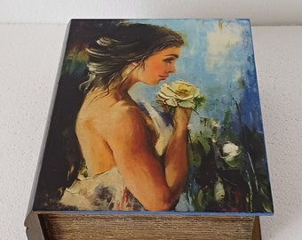 boîte de livre de bijoux, belle fille avec la rose blanche, stockage de boîte de livre, grande boîte de souvenir, boîte en bois, boîte richement décorée, cadeau pour elle