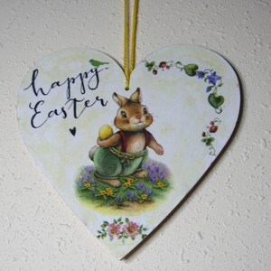 Coniglietto con uovo di Pasqua 15 cm targa in legno a forma di cuore, decorazione da parete di Pasqua, biglietto di auguri di Pasqua, buona Pasqua, caccia alle uova di Pasqua, regalo di Pasqua