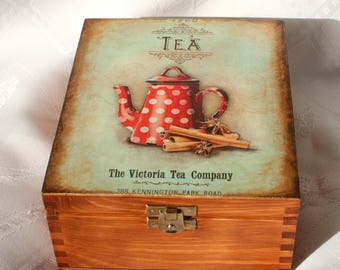 wooden tea box, kettle with polka dots, tea box organizer, wood box, tea storage box, gift for tea lovers