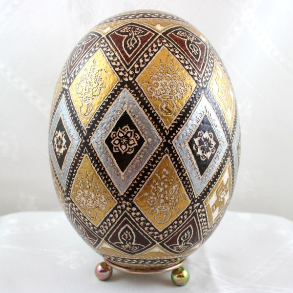 ostrich easter egg, ostrich egg, pysanka, hand decorated, wedding gift , pysanky, unique gift, Anniversary gift, Gold egg ,