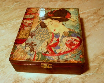 Big wood tea box with Geisha, large tea box, wooden storage, box for tea lovers, Tea bag organizer, wedding gift, housewarming gift