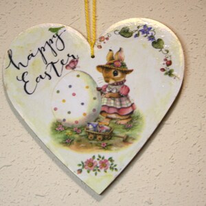 Coniglietto con uovo di Pasqua Targa cuore in legno da 15 cm, decorazione parete di Pasqua, biglietto di auguri di Pasqua, buona Pasqua, caccia alle uova di Pasqua, regalo di Pasqua