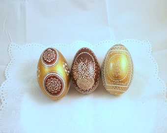 Set van 3 stuks paaseieren, echte ganzeneieren, pysanky eieren, handgedecoreerde paaseieren, eggart, cadeau voor Pasen