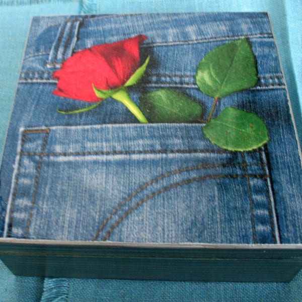 Wooden box, Blue Jeans and rose, handmade box, keepsake box, tea box, box for jewelery