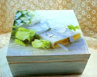 Scatola Portagioie In Legno Per Prima Comunione – Ricordo Battesimo Con Croce Incisa, 21,6x15,2x7,6 Cm