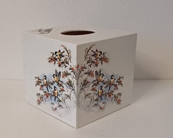 tissue box winter birds, titmouse in snowy tissue box holder, square tissue box cover, Christmas decor in, winter home decor, Christmas gift