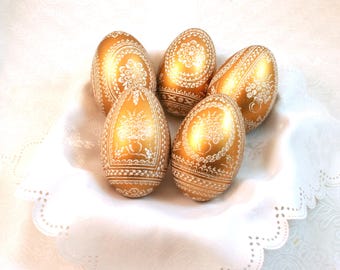 goldene Ostereier, 1x goldenes Gänseei, handgemachtes Pysanky, Unikat Eier, goldene Eier, Geschenk zu Ostern