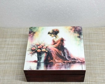 lady in red dress jewelry box, wood box lady with red roses, decorative wood box, jewelry storage, keepsake box, home decor, gift for her