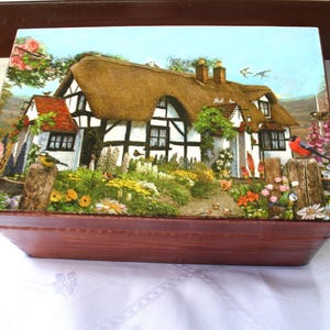 wooden box village landscape, large storage box, big sewing box, large treasure box, cottage decoration, housewarming gift