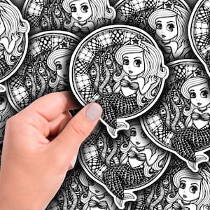 Mermaid Sticker; black and white, waterproof, water bottle, laptop