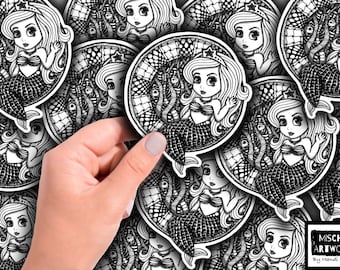 Mermaid Sticker; black and white, waterproof, water bottle, laptop