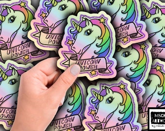 Unicorn Power Sticker; waterproof, water bottle, laptop holographic, rainbow