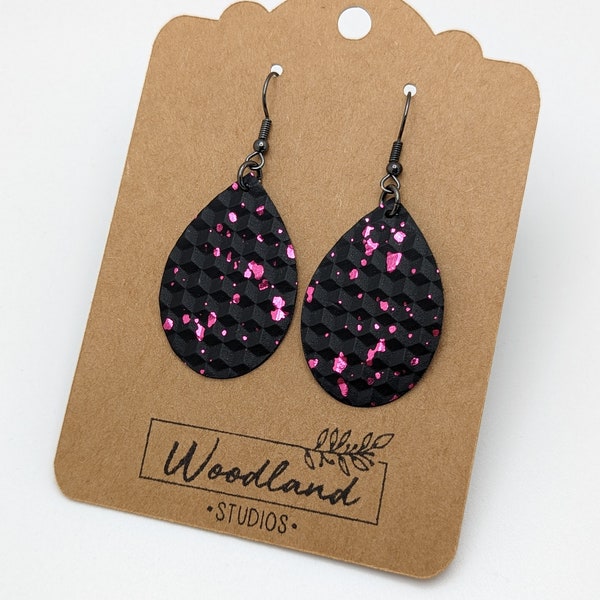 Black Teardrop Faux Leather Dangle Earrings with Pink Sparkle Shimmer