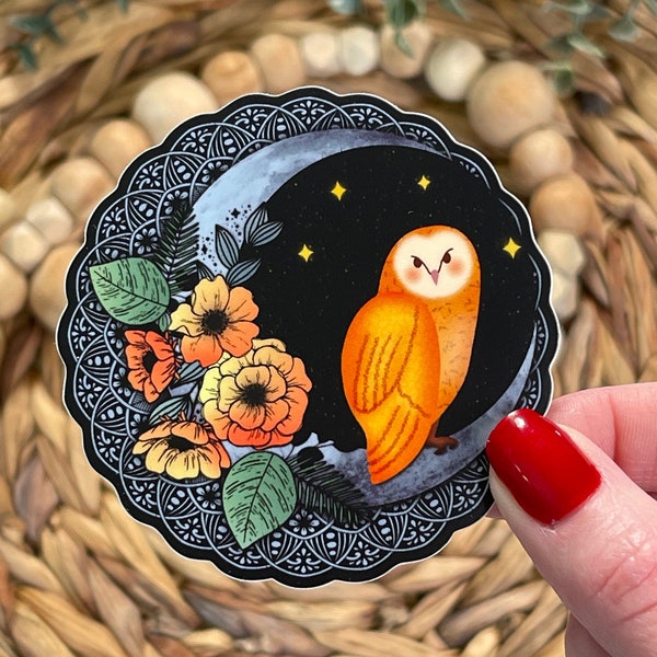 Moon Night Owl Sticker, Cute Owl, Floral Owl Sticker, Moon Starry Owl Stickers, Barn Owl Sticker, Owlery Sticker, Owl On Crescent Moon