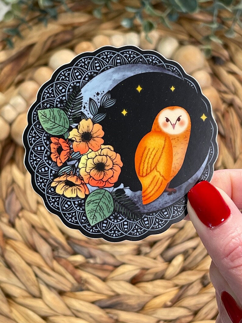 Pu&ograve; includere: Un adesivo con un'illustrazione stilizzata di un gufo arancione appollaiato su una luna crescente con un design floreale. Il gufo ha grandi occhi rotondi e un piumaggio dettagliato. Lo sfondo &egrave; nero con stelle bianche.