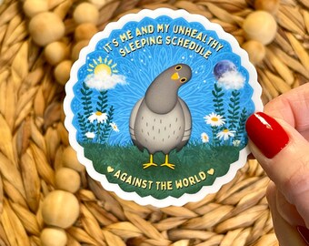 Unhealthy Sleeping Schedule Pigeon Vinyl Sticker: Sarcastic Bird Decal