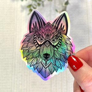 Mandala Wolf Holographic Sticker, Wolf Vinyl Sticker, Spirit Animal Wolf, Howling Wolf, Trippy Wolf Holographic, Spirit Wolf Holographic
