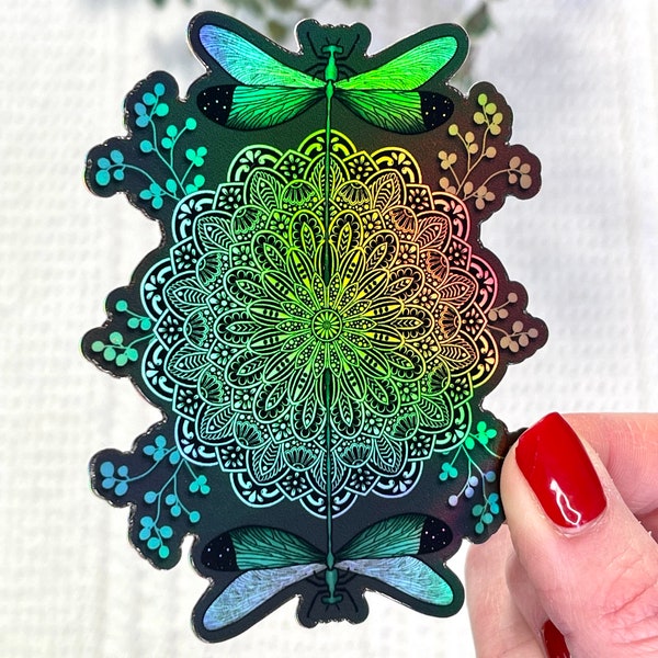 Dragonfly Holographic Sticker, Emerald Green Dragonfly, Mandala Dragonfly Sticker, Holo Dragonfly Sticker, Waterproof Dragonfly Sticker