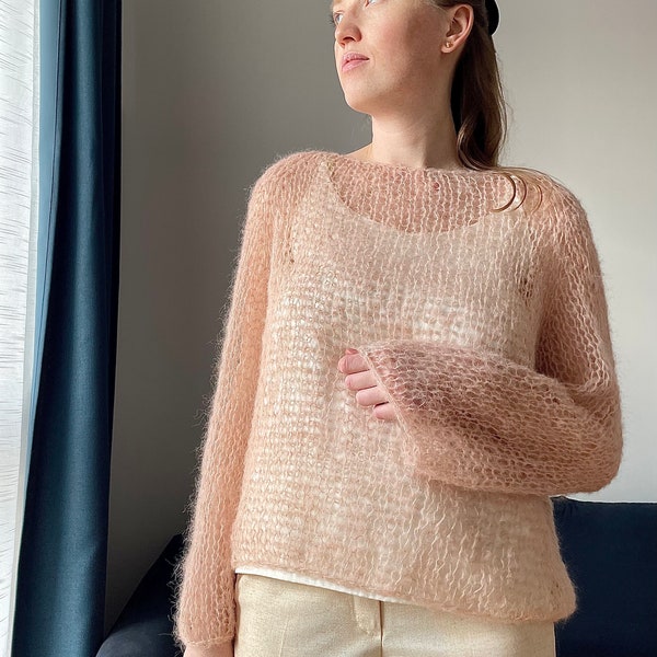 Peach fuzz women top Hand knitted mohair pullover