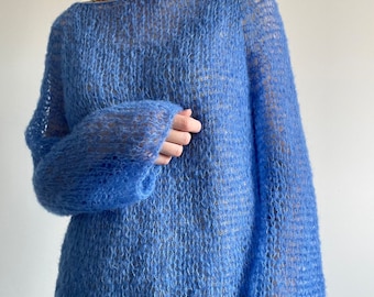 Cobalt blue sweater Hand knitted women pullover