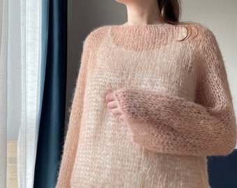 Haut pour femme en duvet pêche Pull-over en mohair tricoté à la main