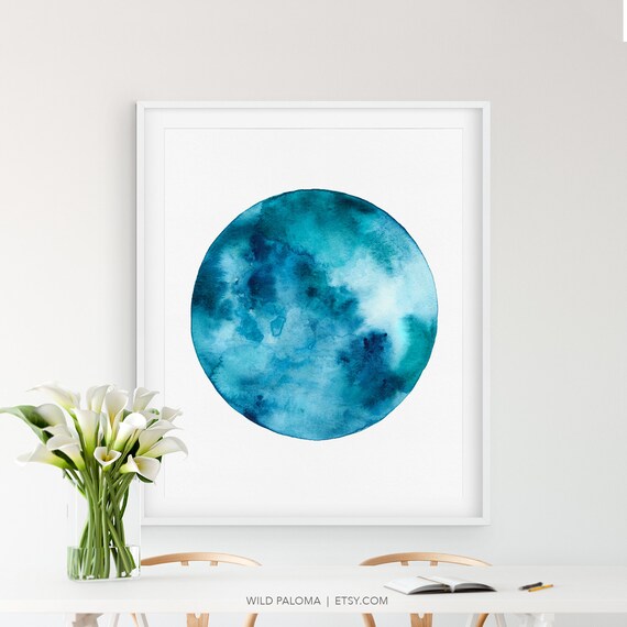 Abstract Watercolor Blue Moon Print Boho Decor Turquoise | Etsy