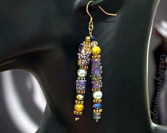 Artisan Purple and Blue Glamour Dangling Earrings - Bling, BOHO and Unique Hsndcrafted Art to Wear