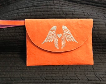 Artsy Angel Wings Wristlet - Lightweight Sunkist Orange leather-like Wristlet Kindle with Bling