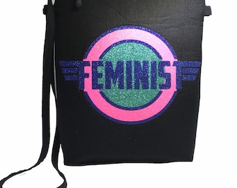 Feminist Black Linen Bag, Crossbody Bag, Classy Black Bag with Bold Emblem Logo For Empowered Women