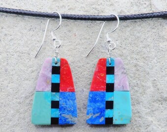 Native American Stone Jewelry Santo Domingo-Turquoise, Lapis & Multi-Stone Inlay Earrings-Rudy Coriz