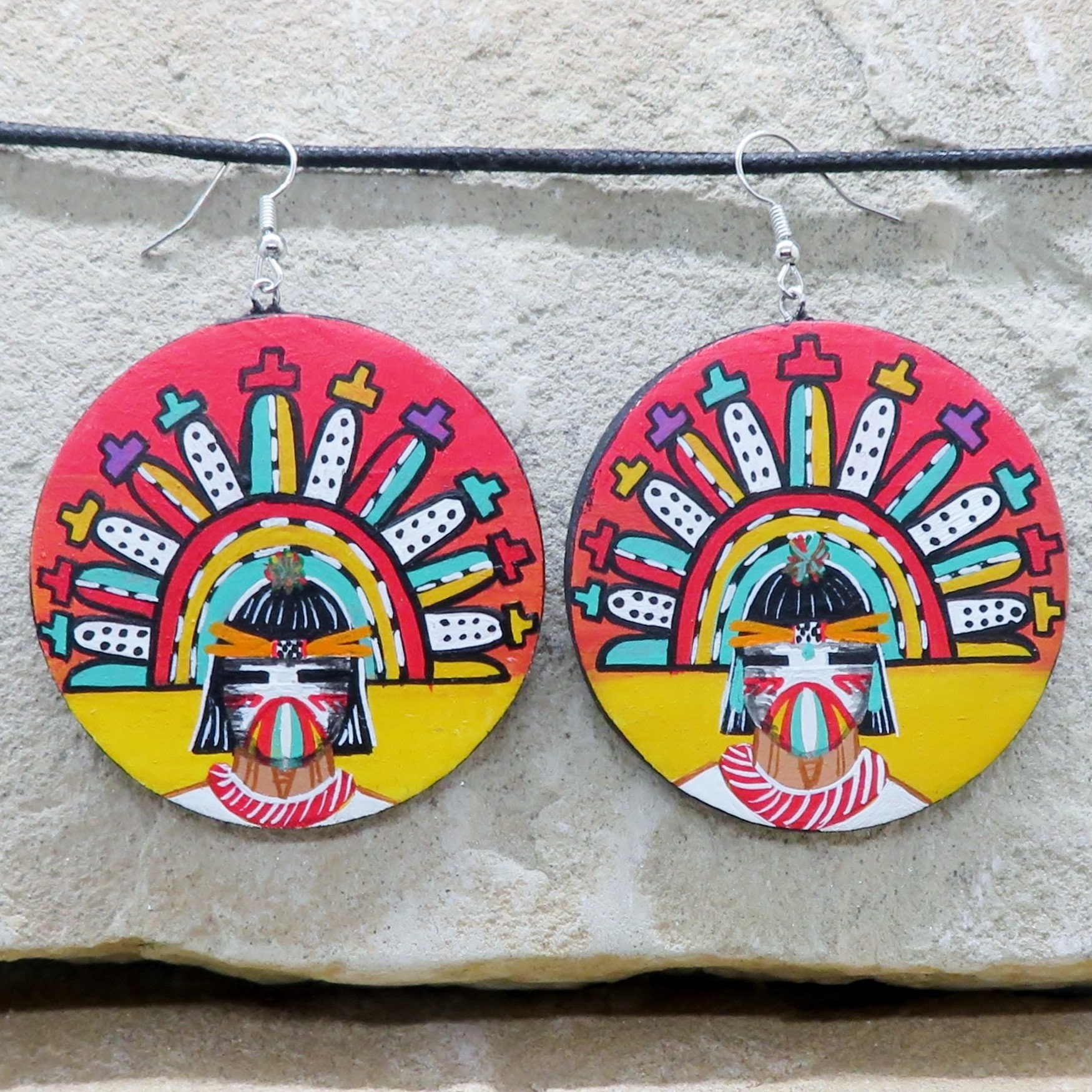 Native American Jewelry-Large Hand Painted Cottonwood Hopi BUTTERFLY MAIDEN Kachina Earrings-Devon Poseyesva