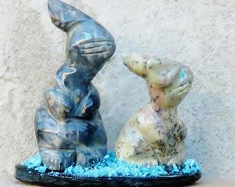 Zuni Fetish-Authentic Native American Animal Carving-Dolomite & Picasso Marble BUNNY FRIENDS-Spirit Animal-Stafford Chimoni