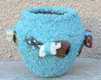 Native American Pottery-Handmade Zuni Pueblo Turquoise Fetish Pot-Marvelita Phillips