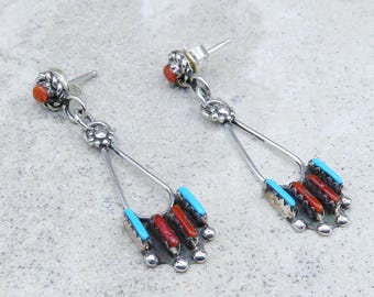 Native American Jewelry-Zuni Pueblo Sterling , Turquoise and Coral Needlepoint Drop Earrings-Lamar Peywa