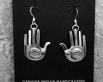 Native American Jewelry Zuni-Sterling Silver HEALING HANDS with SPIRAL Earrings-Brad Panteah