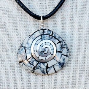 Native American-Authentic Santo Domingo-Mosaic White Buffalo & Silver Inlay on Shell SPIRAL PENDANT-Ambrosio Chavez