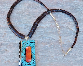 Santo Domingo Jewelry-Heishe Necklace with Mosaic Inlay Pendant-Warren Nieto