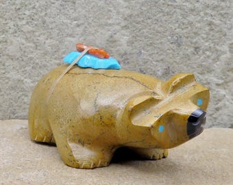 Zuni Fetish-Native American Animal Carving-Large Travertine  BADGER-Spirit Animal-Enrike Leekya