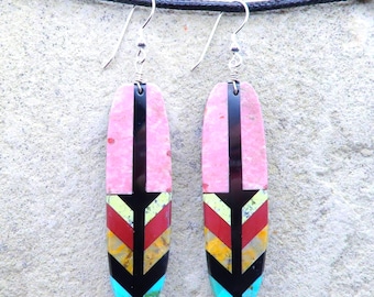 Native American Jewelry-Santo Domingo-Multi-Stone Inlay Feather Earrings-Rudy Coriz