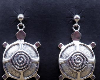 Native American  Jewelry-Apache Cast Sterling Silver TURTLE & SPIRAL Earrings-Matagi Sorensen