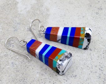 Native American Turquoise Jewelry Santo Domingo Pueblo Turquoise & Multi-Stone Stacked Earrings-Ronald Chavez