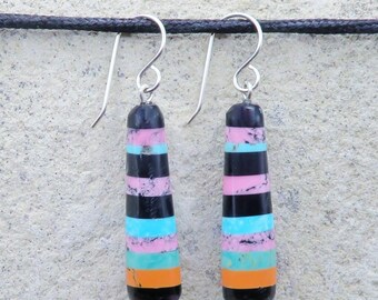 Native American Turquoise Jewelry Santo Domingo Pueblo Turquoise & Multi-Stone Stacked Earrings-Ronald Chavez
