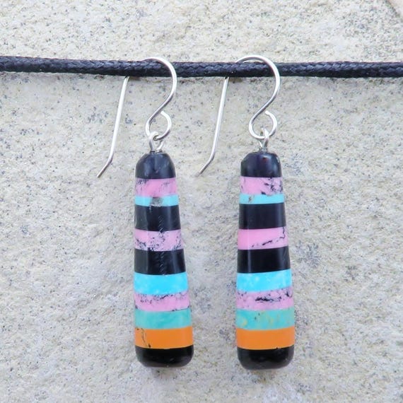 Native American Turquoise Jewelry Santo Domingo Pueblo Turquoise & Multi-Stone Stacked Earrings-Ronald Chavez