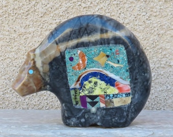 Zuni Fetish-Native American Animal Carving-Large Picasso Marble and Mosaic Stone Inlay BEAR-Spirit Animal-Jayne Quam