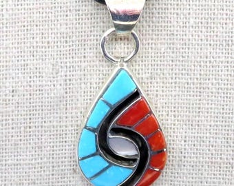 Native American Jewelry-Authentic Zuni Sterling Silver, Turquoise, & Coral Inlay HUMMINGBIRD Design Pendant-Amy Quandelacy